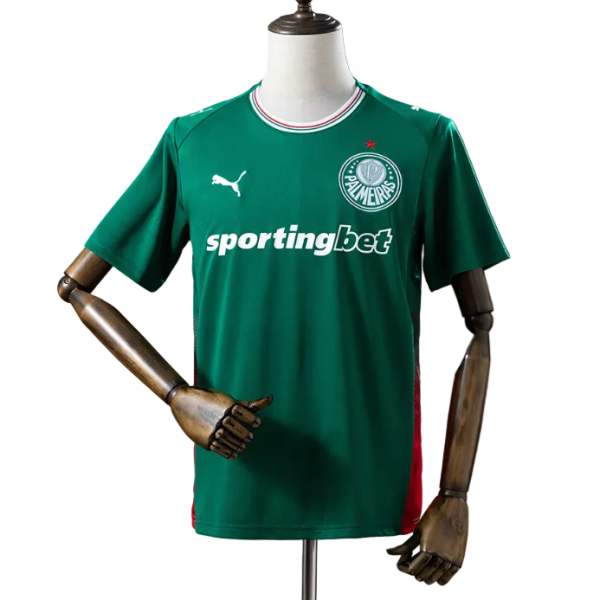 Palmeiras green football jersey on a mannequin with Puma logo and sportingbet sponsor heart crest on chest area