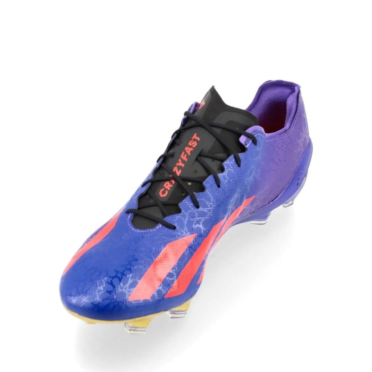 Purple and blue soccer cleat with black laces shown from above, highlighting the colorful design and sole stud pattern
