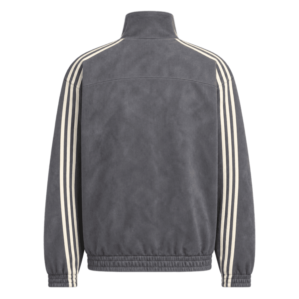 Dark grey Adidas casual jacket with white stripes on sleeves.