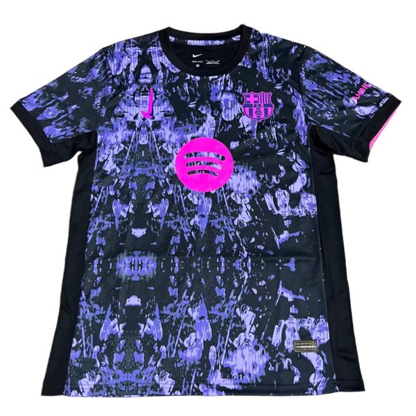 Black and purple camouflage FC Barcelona jersey featuring a pink Spotify sponsor logo and pink crest, with a Nike swoosh.