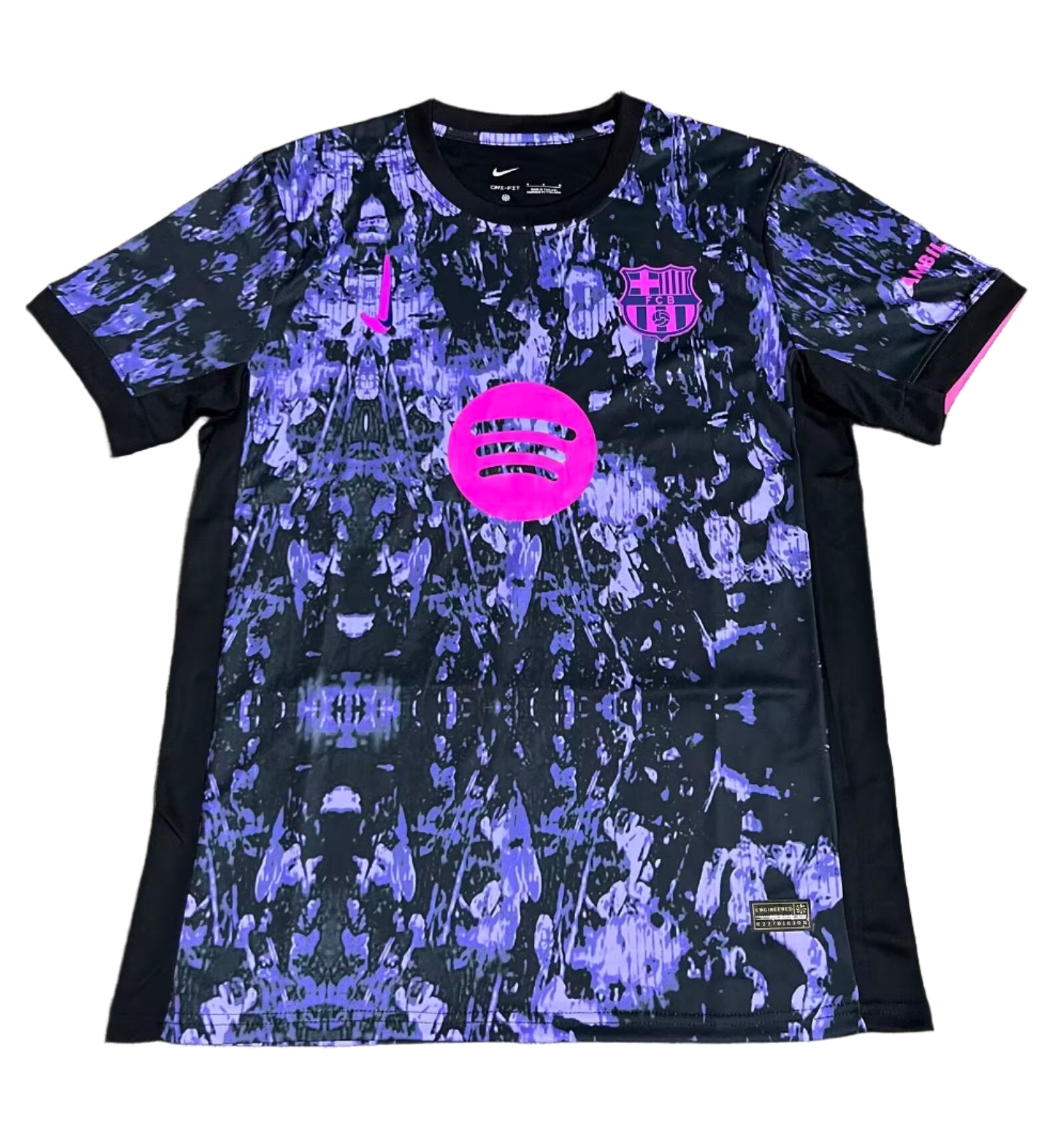 126a5f12 | UAE SPORT STORE Black and purple camouflage FC Barcelona jersey featuring a pink Spotify sponsor logo and pink crest, with a Nike swoosh.