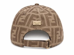 Back view of a brown Fendi cap with all-over FF monogram, adjustable strap and gold-tone plaque