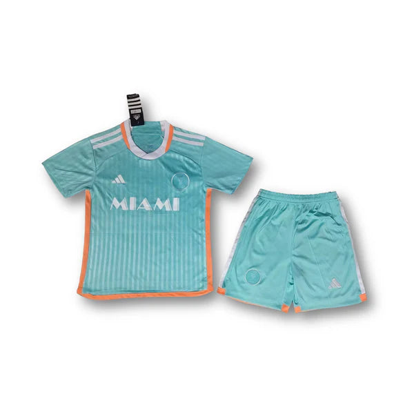 Kids' turquoise Miami soccer jersey and matching shorts with orange trim laid out flat