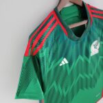 Close-up of a green patterned sports jersey with red stripes on a hanger, showing fabric texture and a badge partially visible.