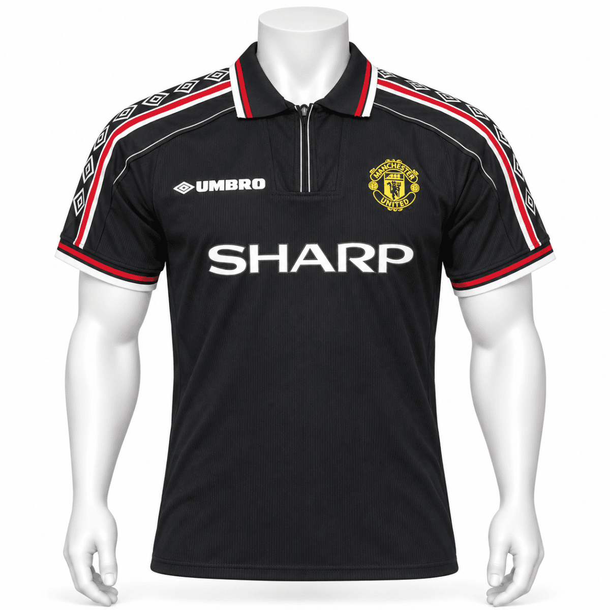 Manchester United classic away jersey 98/99 in black with red and white accents.
