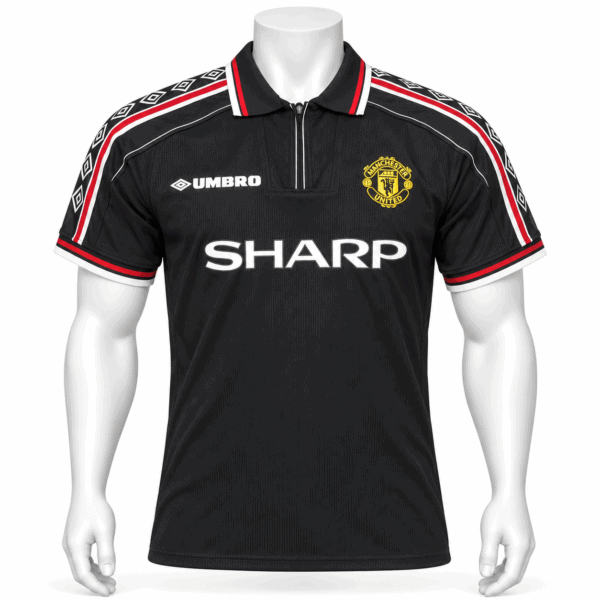 12f337c4-9382-4e08-a5af-2bf9300ef04e - UAE SPORT STORE Manchester United classic away jersey 98/99 in black with red and white accents.