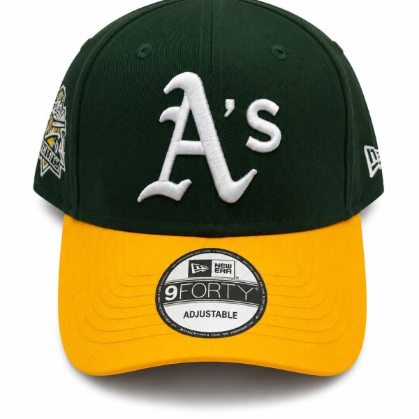 Dark green baseball cap with a bright yellow brim and white embroidered 'A's' logo on the front center.