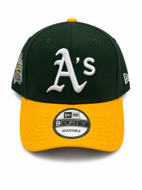 Adjustable green and yellow baseball cap with Oakland A's logo.