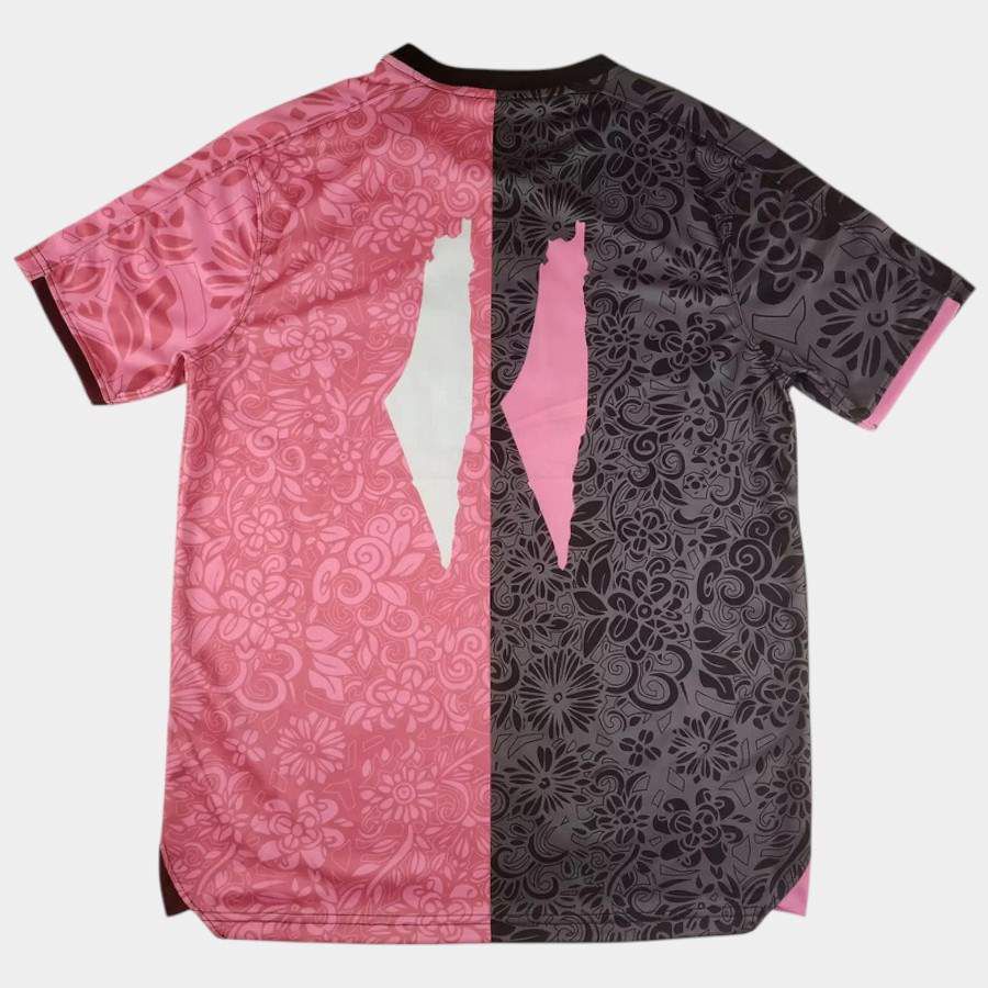 131d54b7-f03e-4c22-894d-b7c5cb6b53dd | UAE SPORT STORE T-shirt with a vertical split design: left pink floral pattern, right dark gray floral pattern, with pale pink center shapes.