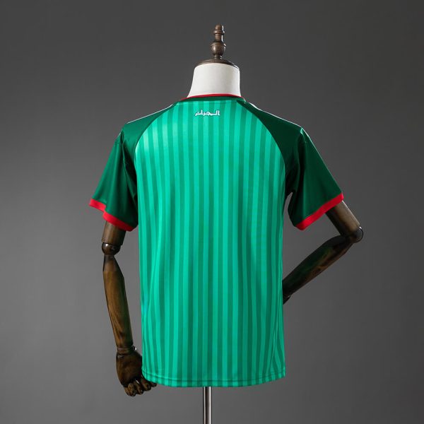 Back view of a green striped soccer jersey on a mannequin, short sleeves with red trim and a small brand logo on the upper back.