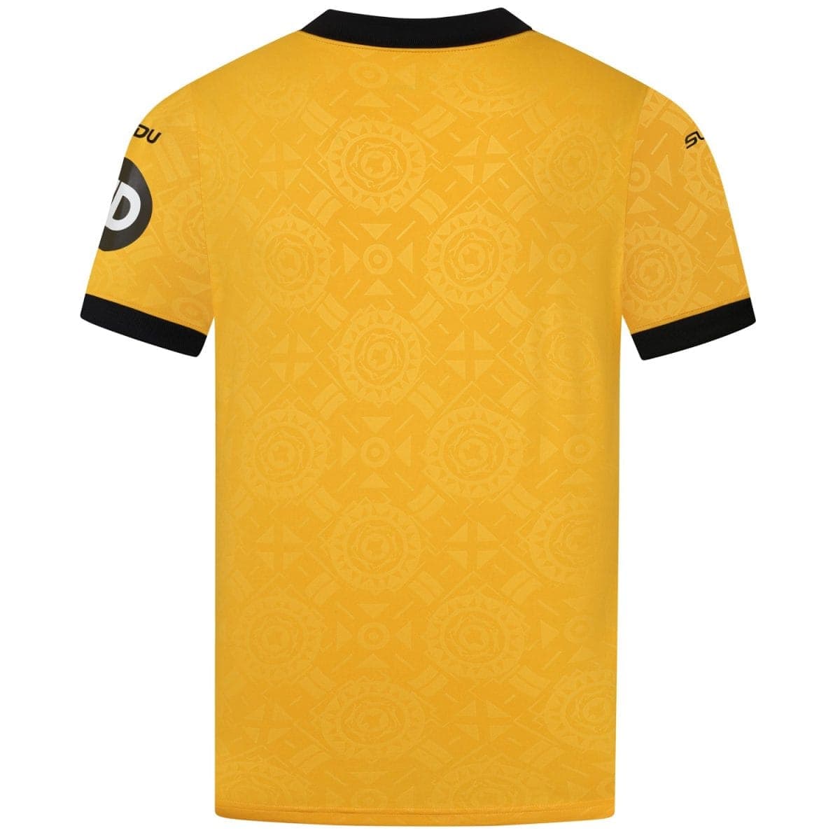 Back view of a bright yellow T-shirt with black collar and cuffs, featuring a subtle geometric pattern across the fabric.