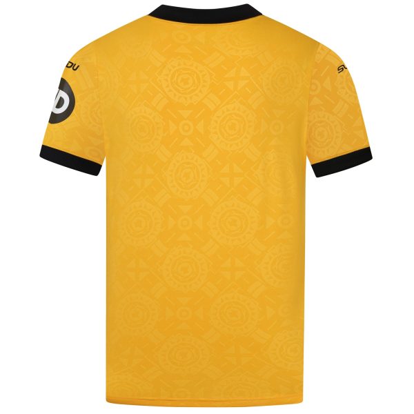 Back view of a bright yellow T-shirt with black collar and cuffs, featuring a subtle geometric pattern across the fabric.