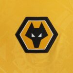 Embroidered Wolverhampton Wanderers crest on a yellow jersey, showing a black wolf head inside a gold and black hexagonal badge.