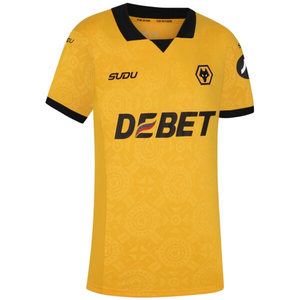 Yellow Wolverhampton Wanderers football jersey with black collar and DEBET sponsor logo on front