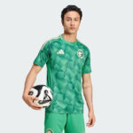 Male model in a green Saudi Arabia soccer jersey holding a white and black soccer ball against a light background.