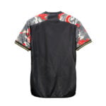 13be8125-5add-46e7-9323-89858de60280 | UAE SPORT STORE Back view of a black athletic jersey with patterned dragon-themed sleeves in gray and red.
