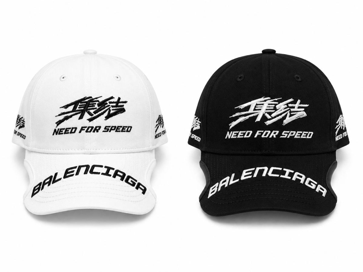 White and black Balenciaga baseball caps, front embroidery reads 'Need for Speed' with 'BALENCIAGA' on the brims.