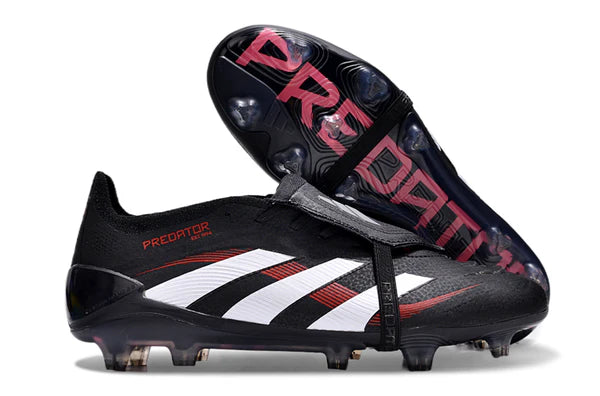 Black Adidas Predator soccer boot with white stripes, red PREDATOR branding, shown from side with studded sole visible.