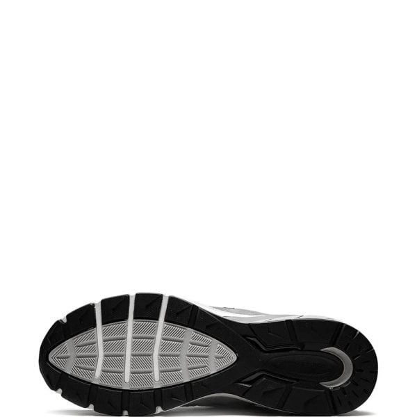 Bottom view of a black and gray athletic shoe outsole with rugged tread pattern and deep lugs