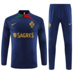 Blue Portugal national team training jersey with matching shorts, featuring Sagres sponsor, crest, and Nike logos.