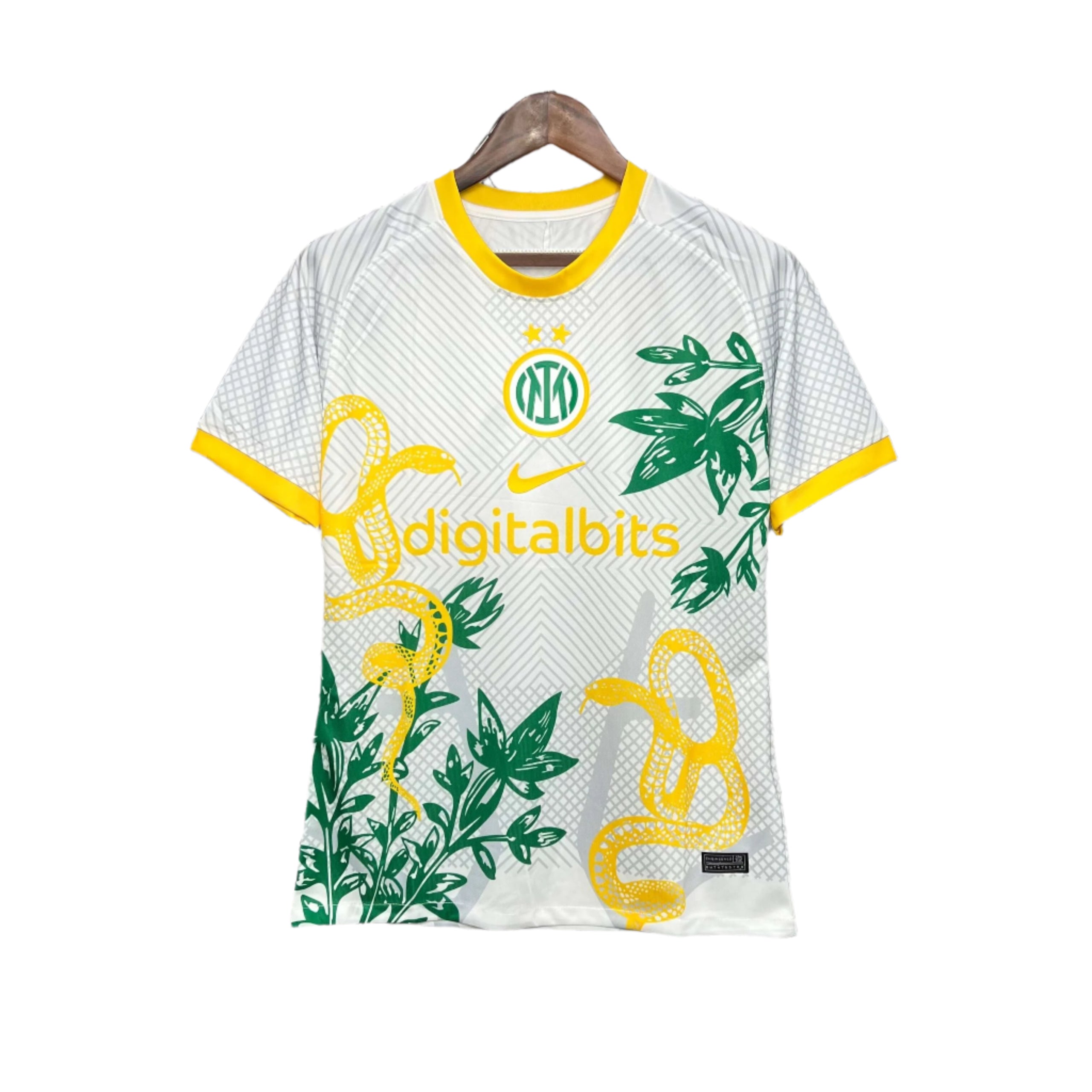 1474bedd-scaled-1 Palmeiras soccer jersey on a wooden hanger, white with yellow collar and tropical print leaves and snakes against a white background.