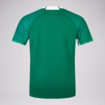 Back view of a green polo shirt with a white collar and teal sleeve panels, plain gray background