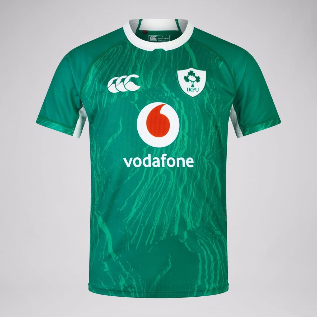 Ireland rugby jersey front view: green shirt with white collar, IRFU crest, Vodafone sponsor logo, and CCC Canterburry logo on the chest.