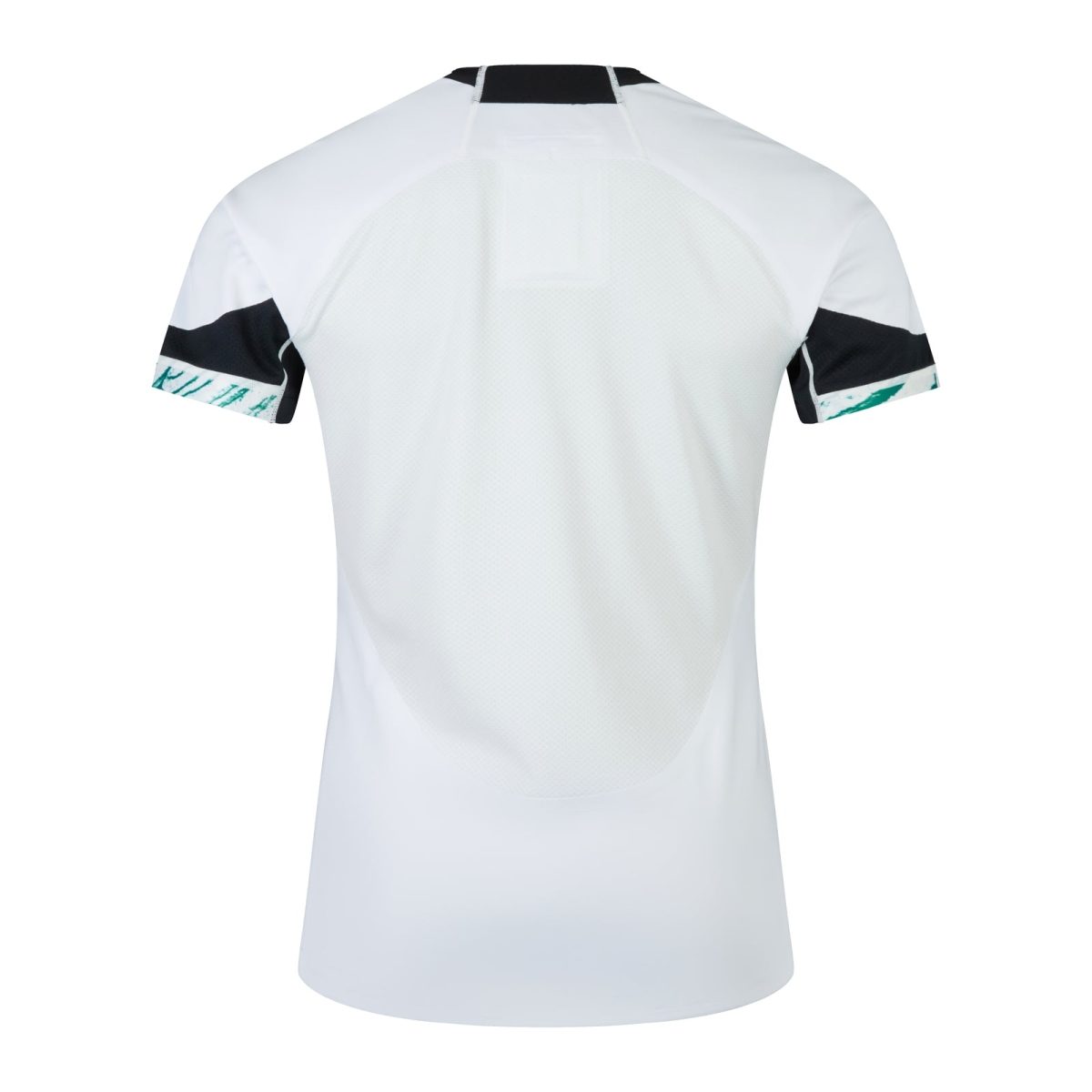 Back view of a white athletic jersey with a large mesh back panel and black armband accents on the sleeves.