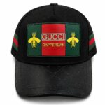 Black baseball cap with a green-red-green Gucci patch featuring yellow bees and the text 'GUCCI DAPPERDAN' on the front panel