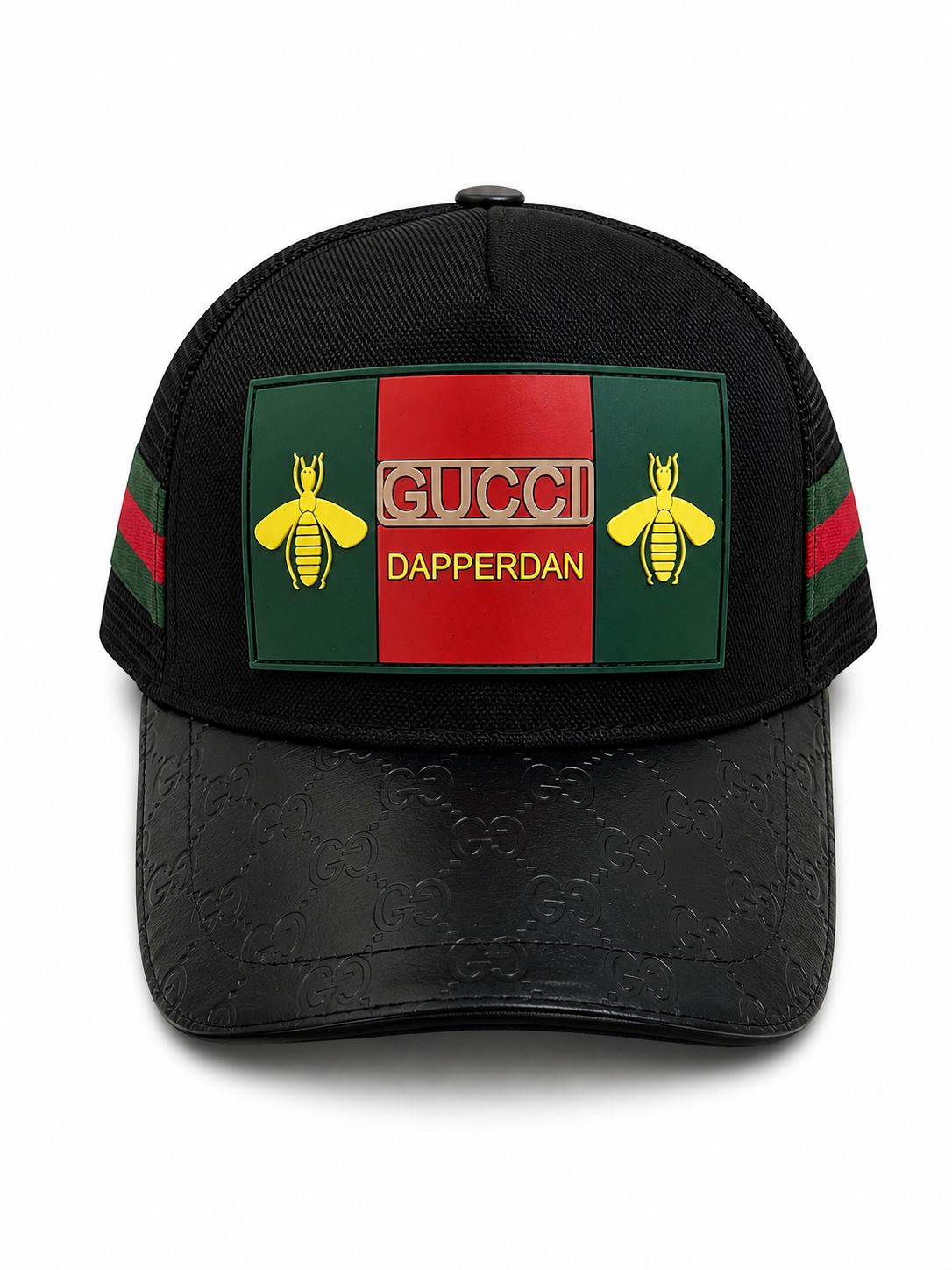 14efea90-7ed5-44c5-bb1c-54c29cd794c3 Black baseball cap with a green-red-green Gucci patch featuring yellow bees and the text 'GUCCI DAPPERDAN' on the front panel