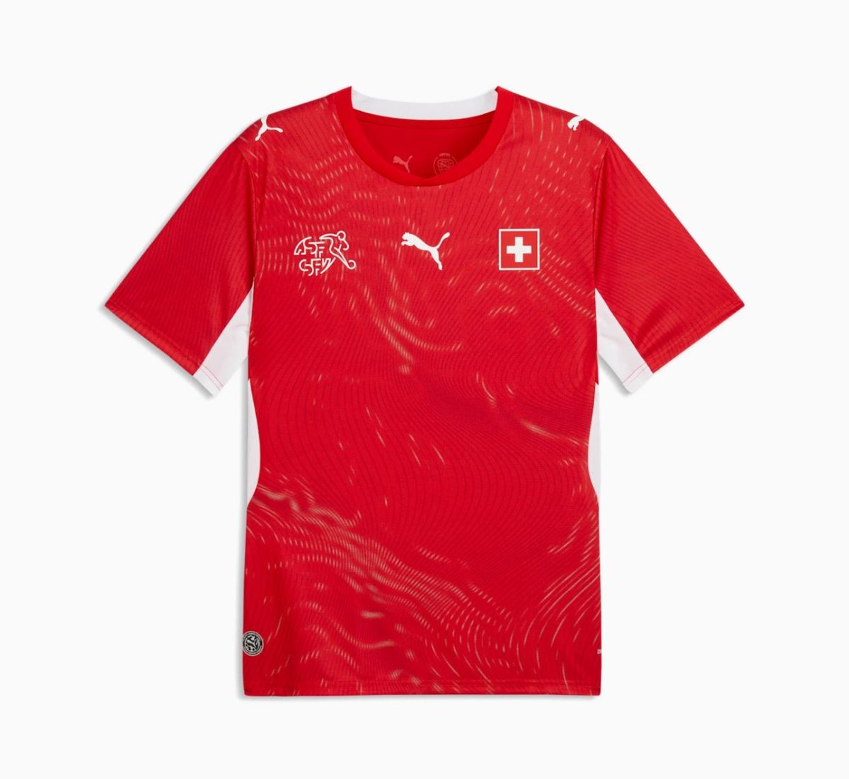 Red soccer jersey with white side panels, featuring a white Swiss flag emblem and Puma logos on the chest.