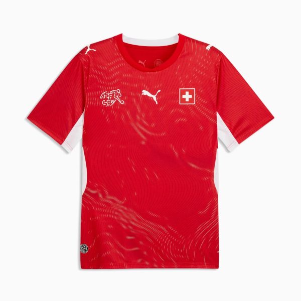 Red soccer jersey with white side panels, featuring a white Swiss flag emblem and Puma logos on the chest.