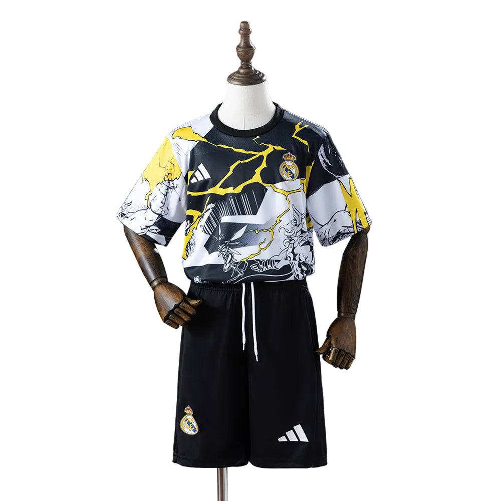 15ee2f5c Mannequin dressed in Real Madrid soccer kit: a patterned black, white, and yellow jersey with Real Madrid crest and Adidas logo, paired with black shorts featuring team crest and Adidas logo.