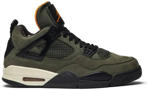 Olive-green Air Jordan 4 sneaker with black accents and a cream sole viewed from the side.