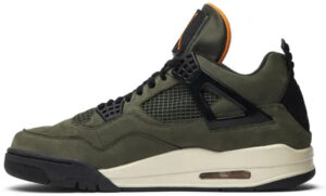 Olive green athletic sneaker shown in side profile with a black cage lacing, beige midsole, and orange-trimmed tongue.