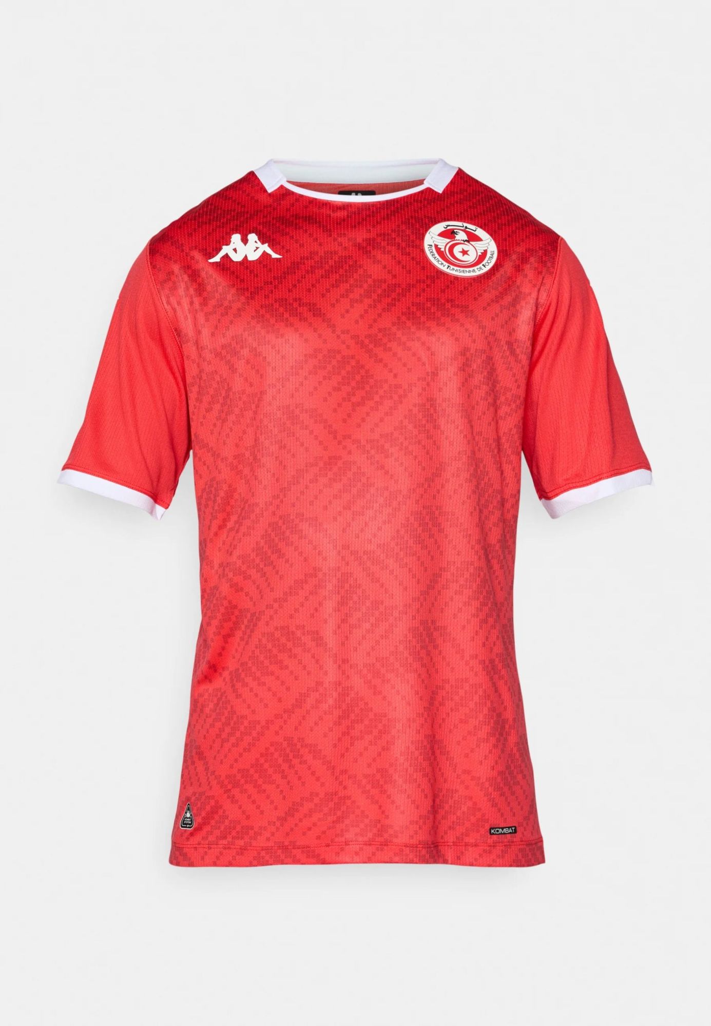 165161c546ab4d928b746fd54038f6a7 | UAE SPORT STORE Red football jersey with a pixel-like pattern, white collar trim, a white Kappa logo on the chest, and the Tunisian Football Federation crest on the left.