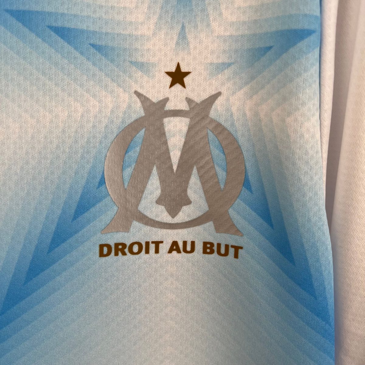 Blue fabric with a silver trophy emblem and a small star above, with partial text 'DROIT AU BUT' at the bottom.