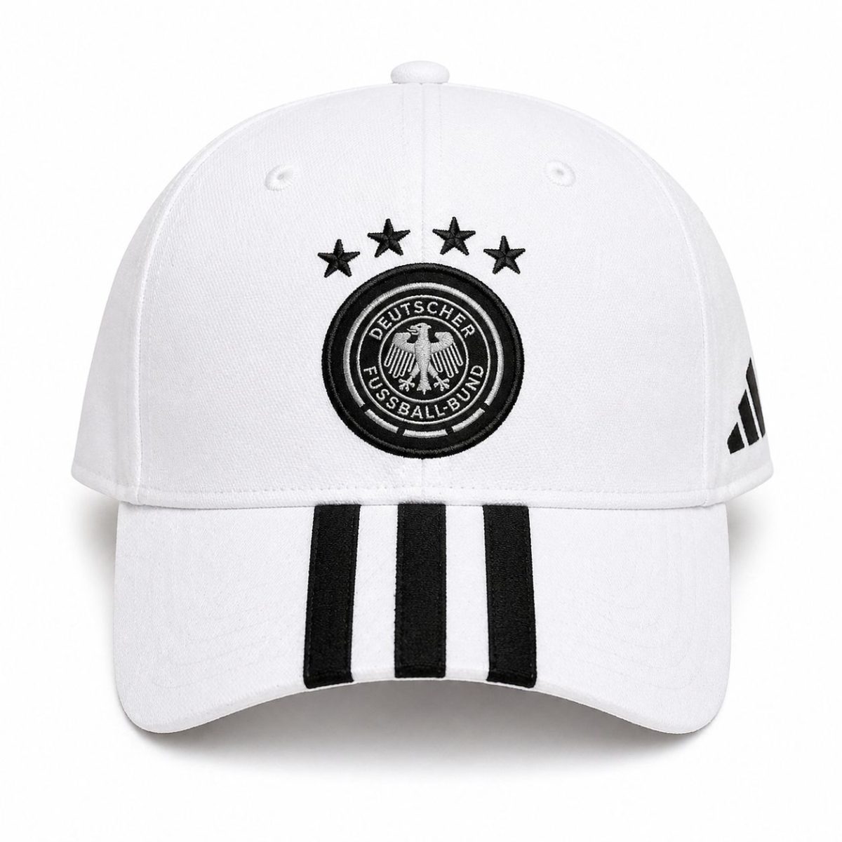 White baseball cap featuring the German Football Association crest with four black stars and three vertical black stripes on the brim; Adidas logo visible on the side.