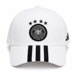 White baseball cap with the Deutscher Fußball-Bund crest in black on the front, and three black stripes on the brim; Adidas logo on the side.