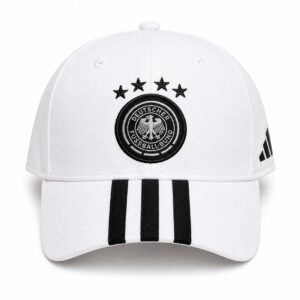 White baseball cap with the Deutscher Fußball-Bund crest in black on the front, and three black stripes on the brim; Adidas logo on the side.