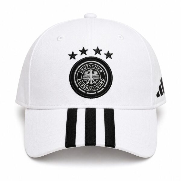 White baseball cap featuring the German Football Association crest with four black stars and three vertical black stripes on the brim; Adidas logo visible on the side.