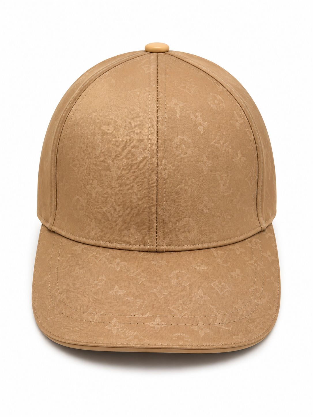 169E7C44-DBC0-47A7-8647-5CB8D49E84F7 Tan baseball cap featuring a subtle Louis Vuitton monogram print and a button on top, worn-panel crown and curved brim.