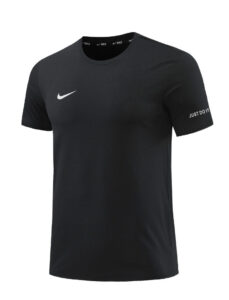 Black Nike short-sleeve athletic t-shirt with a white swoosh on the chest and a clean front design.