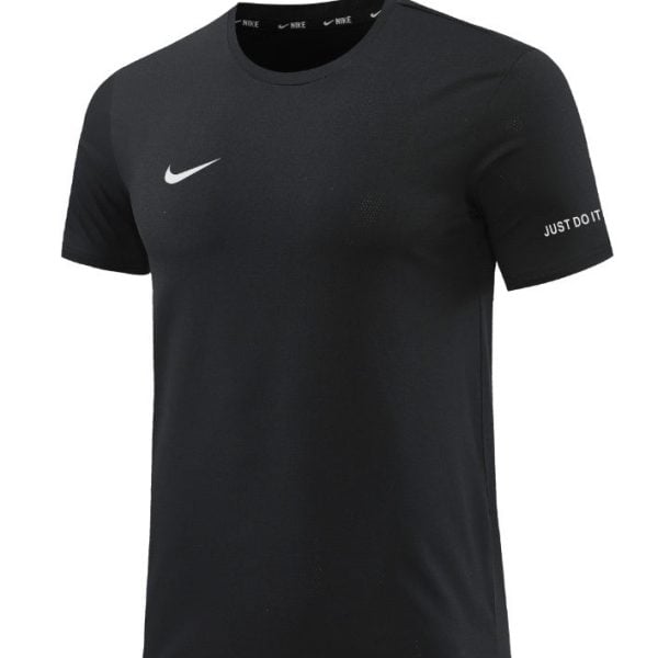Black Nike short-sleeve athletic t-shirt with a white swoosh on the chest and a clean front design.