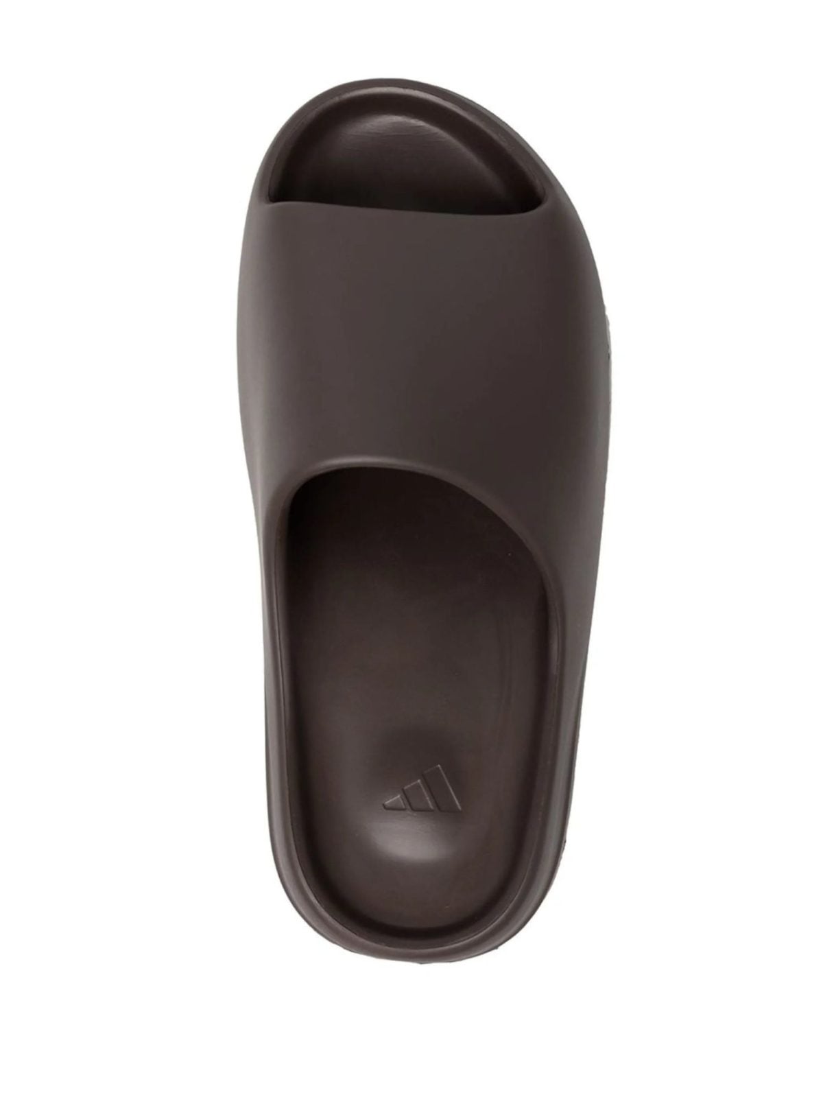 Top-down view of a dark brown slip-on clog with an open toe and a subtle three-stripe logo on the insole.
