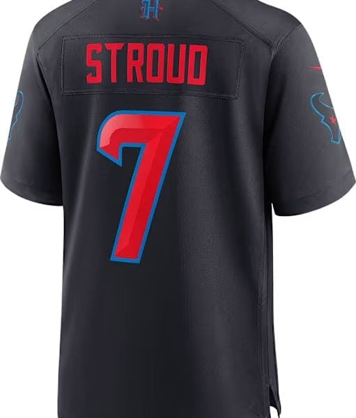 Full rear view of a dark jersey with STROUD lettering and red number 7 outlined in blue.