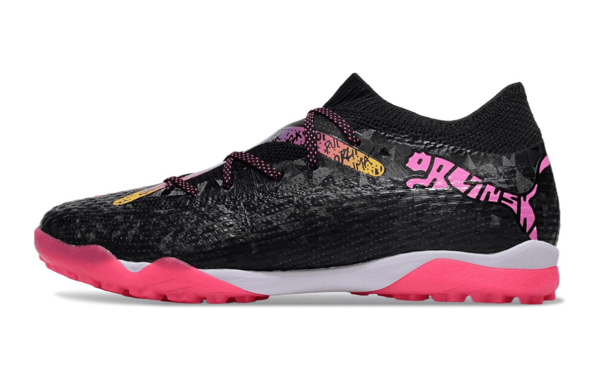 Black athletic shoe with a hot-pink outsole and pink-laced accents, featuring graffiti-style graphics on the heel area.