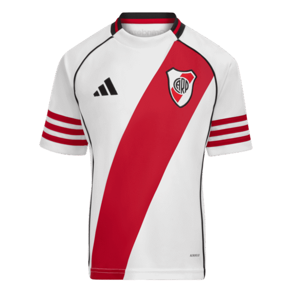 White football jersey with a bold red diagonal sash, club crest on the chest, and Adidas logo on the left.