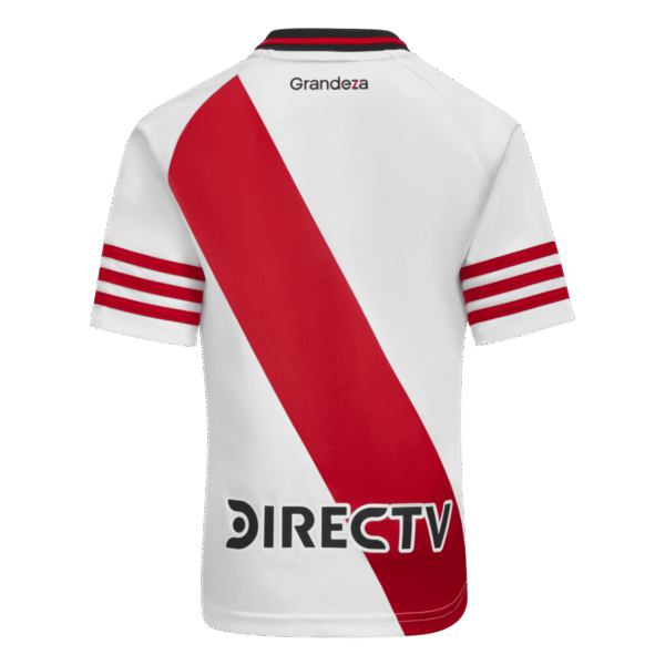 Rear view of a white soccer jersey featuring a bold red diagonal sash, red striped sleeves, and sponsor logos (DIRECTV) at the bottom edge.