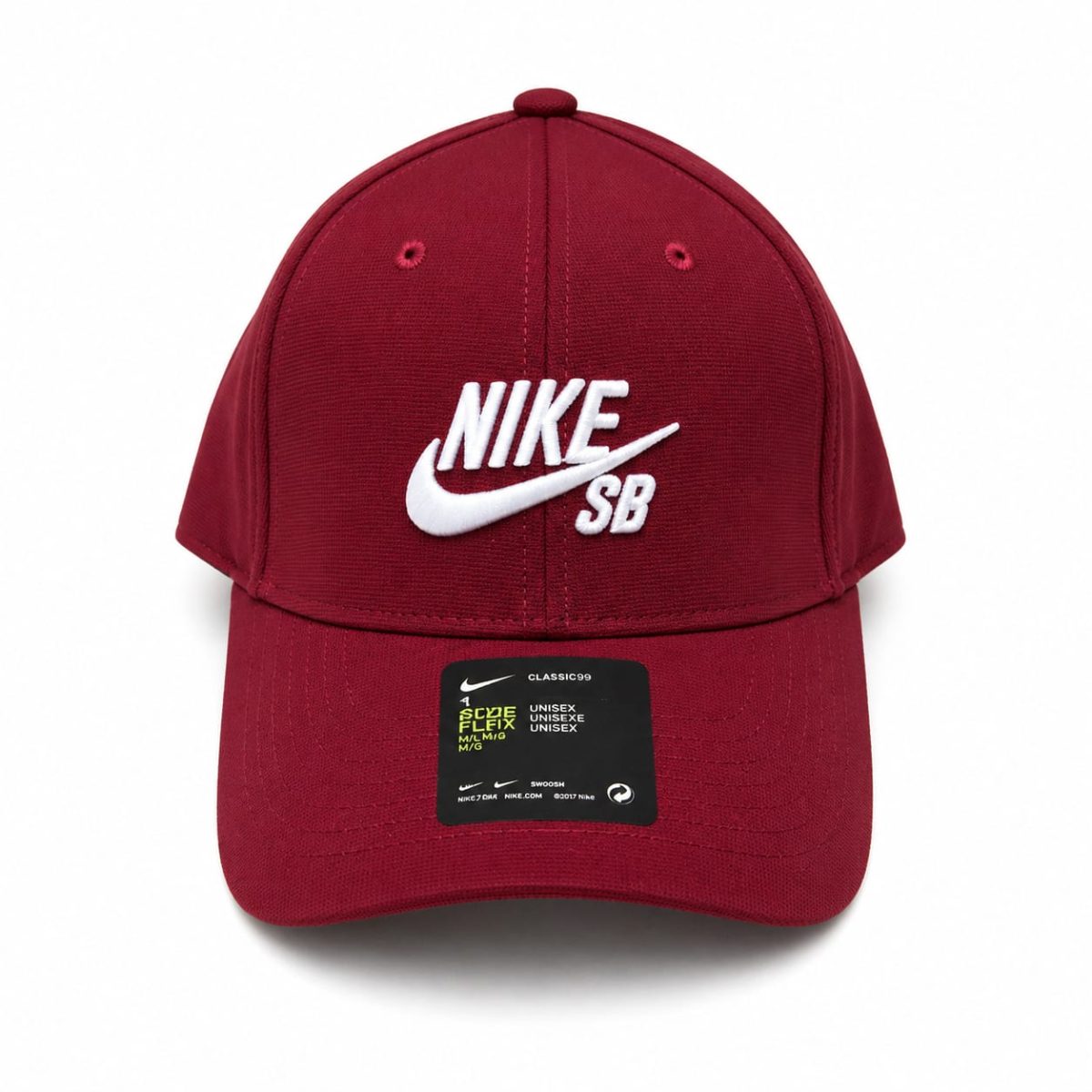 Red Nike SB baseball cap with white embroidered logo on the front panel(s).
